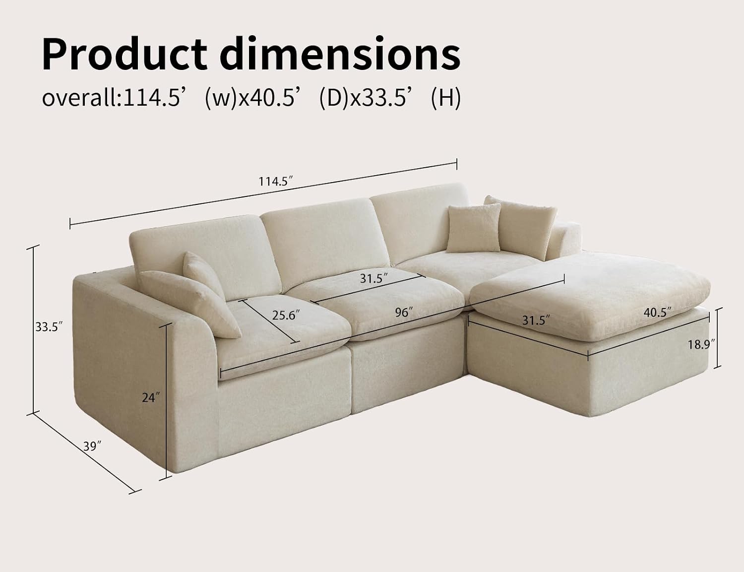 115' Modular Sectional Sofa, Modern Cloud Sectional Couch with Deep Seat, L-Shape Boneless Couch for Living Room,No Assembly Required,Warm White(3 Seater + 1 Ottoman)