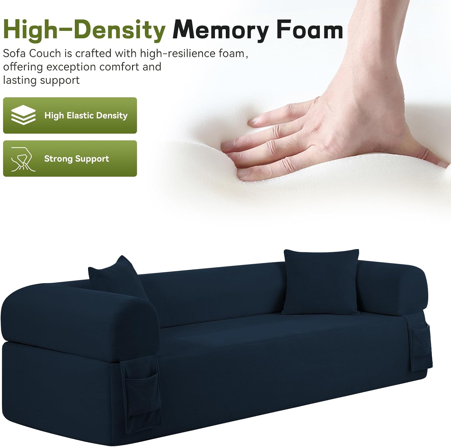 3 Seater Sofa Couch for Living Room (Blue, 30' D + 2 Pillows)