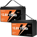 2X 12V 150Ah LiFePO4 Lithium Battery Built-in 100A BMS 1920Wh 15000+ Deep Cycle Rechargable Low Temp Cut Off Battery for Camping, Solar, RV, Marine, Off-Grid Applications