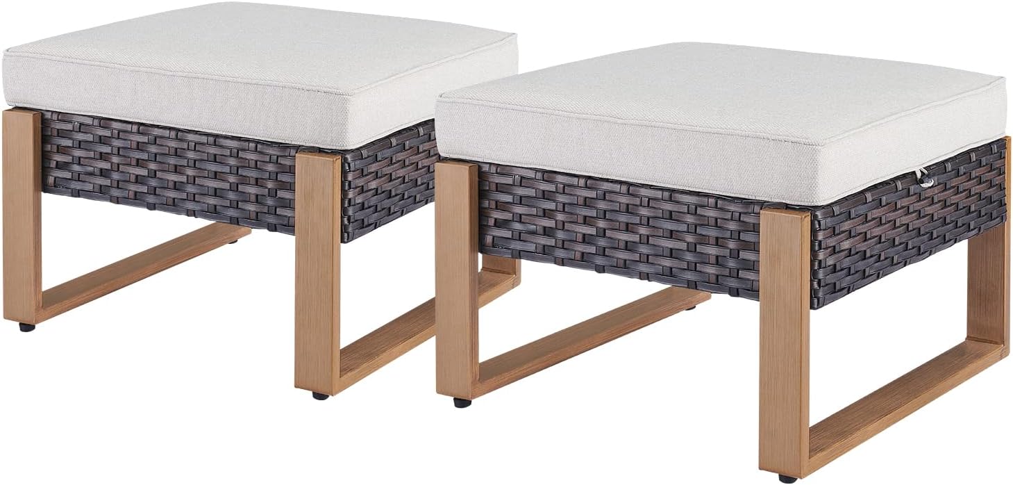 Rilyson Outdoor Ottoman Wicker Patio Footrest - 2 Piece Wicker Footrest Footstools Set with Sturdy Frame,All-Weather PE Wicker, Thick Cushions for Deck Porch Garden(Brown/Beige)