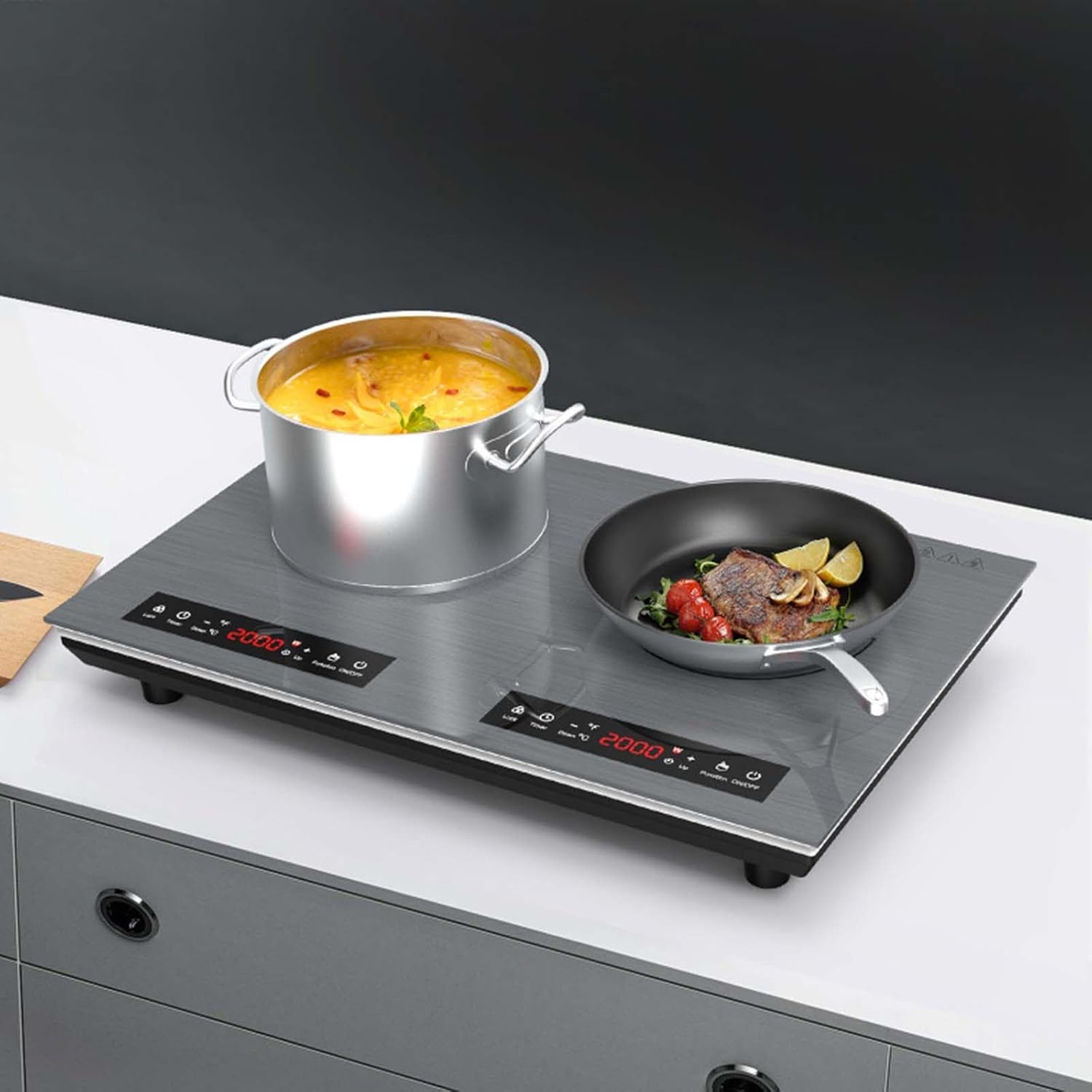 23.6Inch Portable Induction Cooktop with 2 Burners, 9 Power Levels (2000W*2), Timer (1Min-180Mins)/Child Lock-Over-Heat Protection-Sensor Touch
