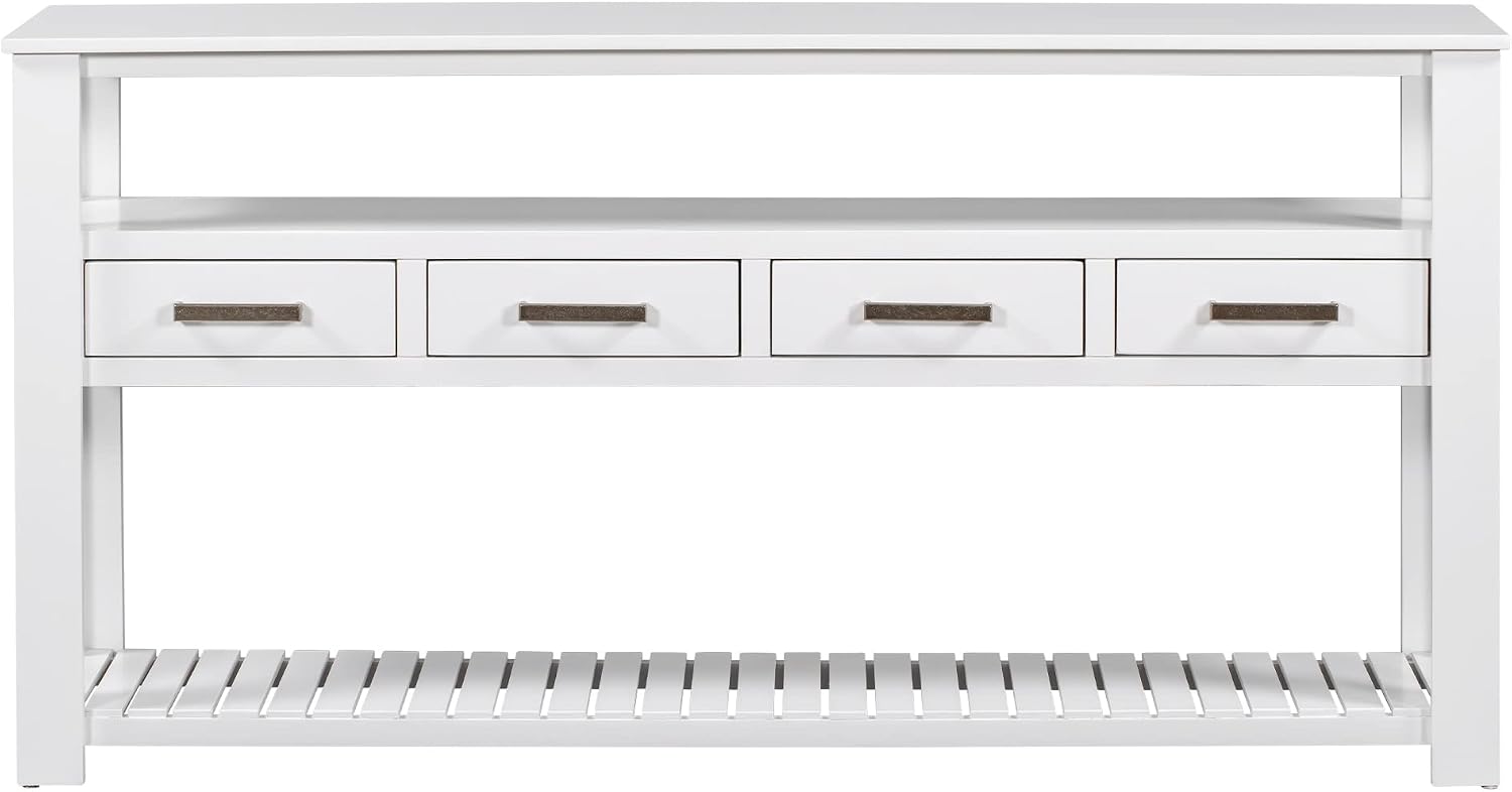 Modern Console Table Long Narrow 62-Inch Sofa Entry Table with Drawers & Open Shelves for Living Room Entryway, Easy Assembly (White)