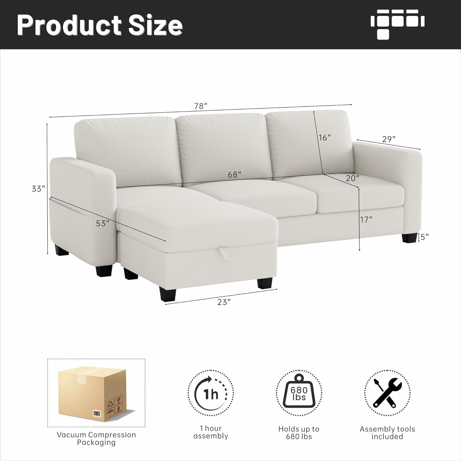 Sectional Sofa Couches for Living Room-78''Convertible Modular Three-Seater L-Shaped Pet-Friendly Couch,Washable Sofa Cover-Bench Storage,Suitable for Small Living Room,Apartment,Office-Beige