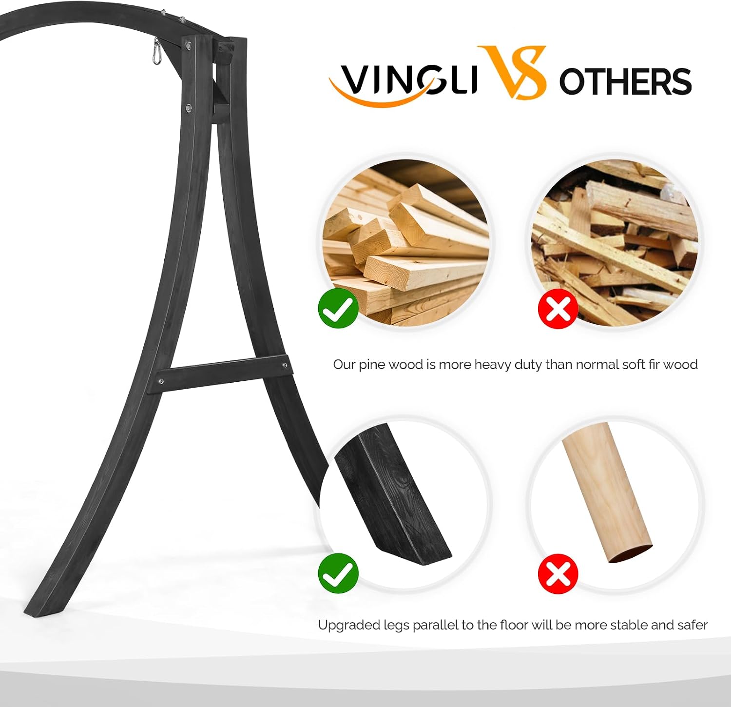 VINGLI 6.7FT Porch Swing Frame, 1000LBS Heavy Duty A-Frame Wooden Porch Swing Stand with Curved Arc Top for 5FT Porch Swing, Large Swing Hanger for Garden, Patio, Backyard & Indoor, Black
