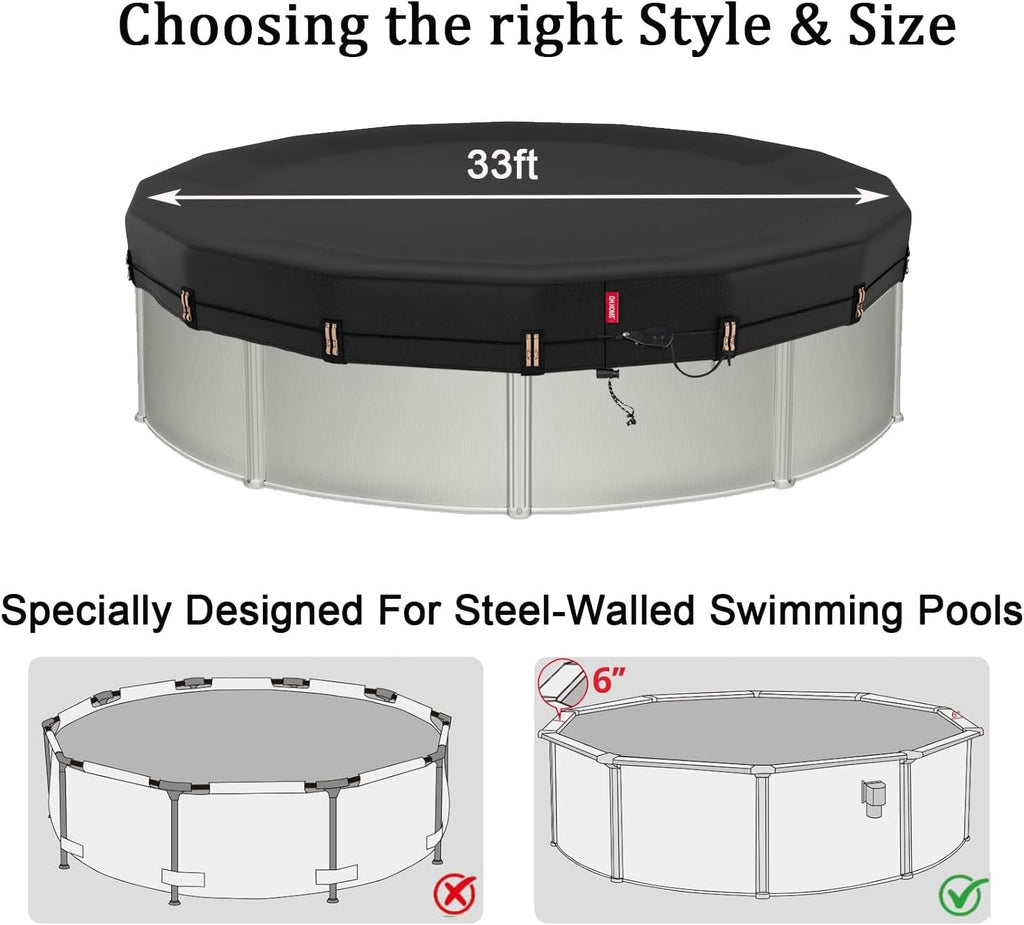 QH.HOME 33ft Round Pool Cover,[Ultimate Windproof & Tear-Resistant Fabric],Snug Fit with Patented Ratchet & Weight Rings,Solar Pool Cover for Above Ground Pools, Blocks Leaves &Waterproof