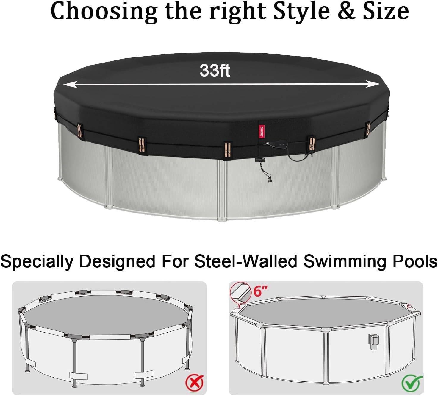 QH.HOME 33ft Round Pool Cover,[Ultimate Windproof & Tear-Resistant Fabric],Snug Fit with Patented Ratchet & Weight Rings,Solar Pool Cover for Above Ground Pools, Blocks Leaves &Waterproof