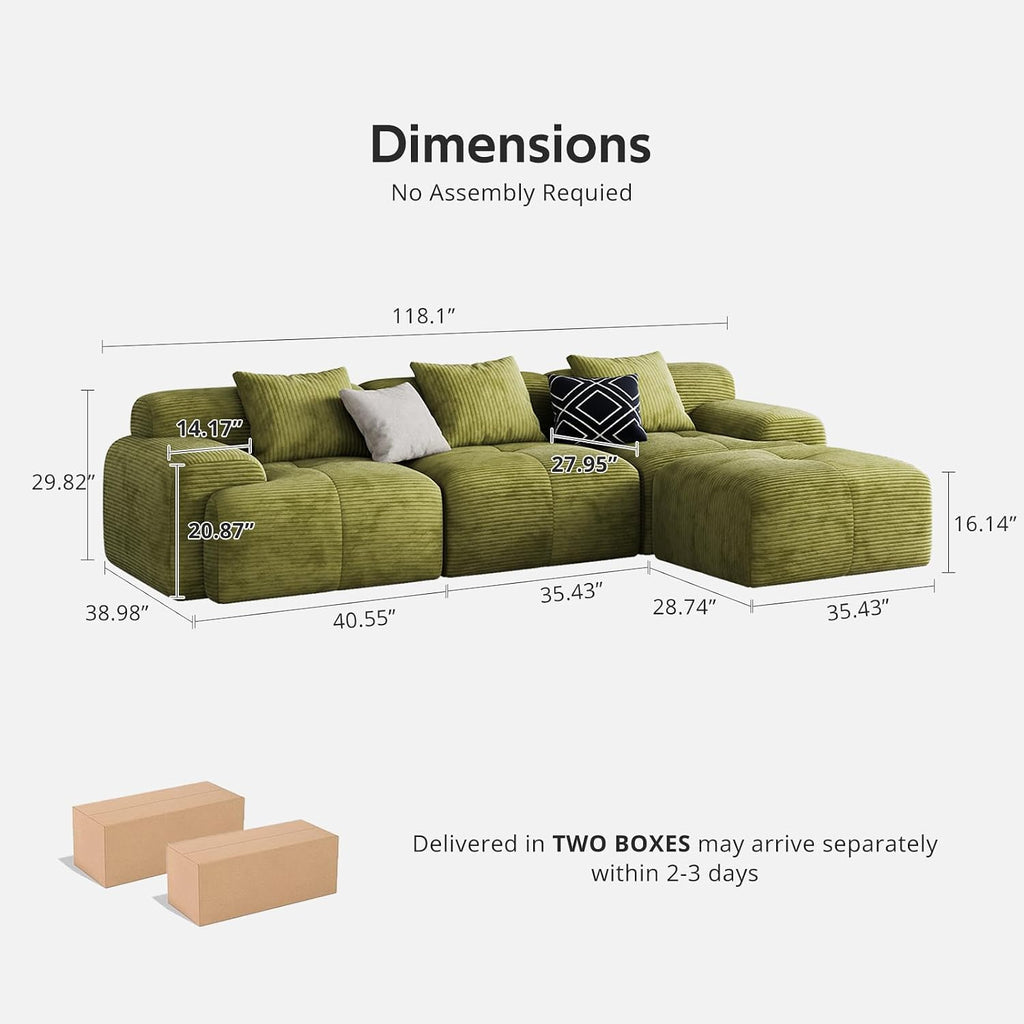 118'' Modern L-Shaped Modular Sectional Sofa for Living Room，Oversized 3-Seater Couch with Deep Seat and Movable Ottoman – No Assembly,Comfortable Corduroy Fabric Boneless Sofa (Green)