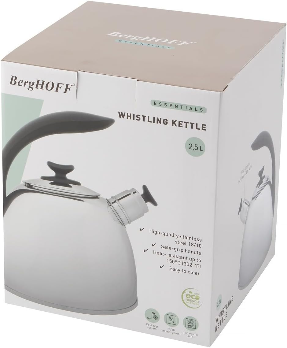 BergHOFF Essentials 18/10 Stainless Steel Whistling Kettle 2.6 qt. Silver Lucia Safe Grip Handle Simplifies filling and cleaning Induction cooktop compatible