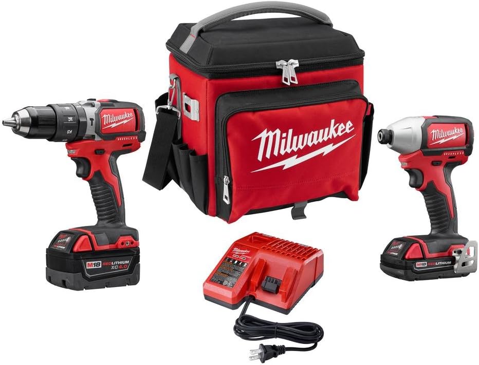 Milwaukee 2-Tool Combo Kit, 1/2 in. Compact Brushless Hammer Drill/Driver & 1/4 in. Hex Brushless Impact Driver, Lithium-Ion Battery, Jobsite Cooler, Red