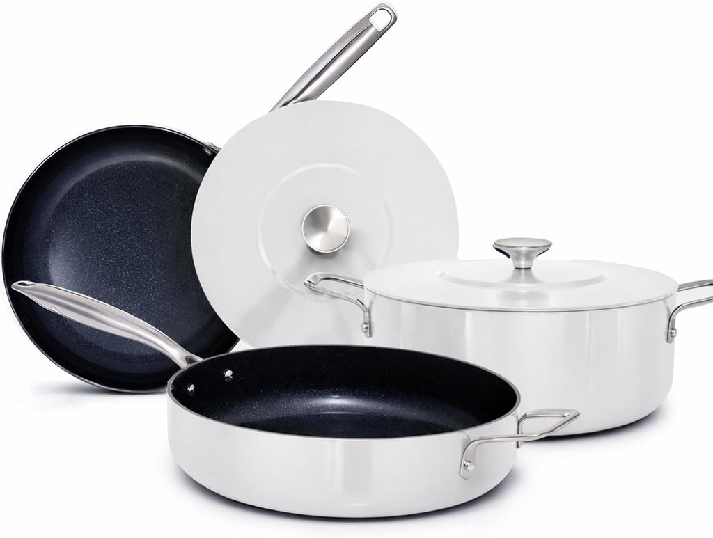 Nuwave Essential Series 5PC Ceramic Cookware Set PFAS-Free, G11 Duralon Blue Coating, Pots and Pans Set Non Stick, Diamond Scratch-Resistant,Stay-Cool Handle, Metal Lid,Induction Ready,Dishwasher Safe