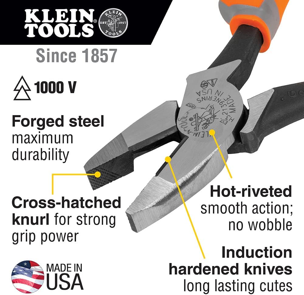 Klein Tools 9421R 1000V Insulated Plier Tool Set, Made in USA, with 3 Pairs of Pliers, Cable Cutter, Wire Stripper, and 2 Screwdrivers, 7-Piece