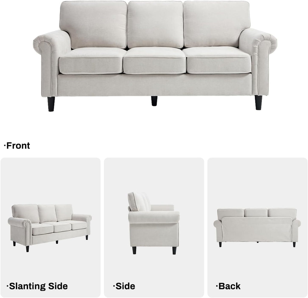 Kingfun 3 Seater Couch, Mid Century Modern Sofa with Rolled Arms and Deep Seats, Fluffy Comfort for Living Room, Apartment, Easy Assembly, Beige