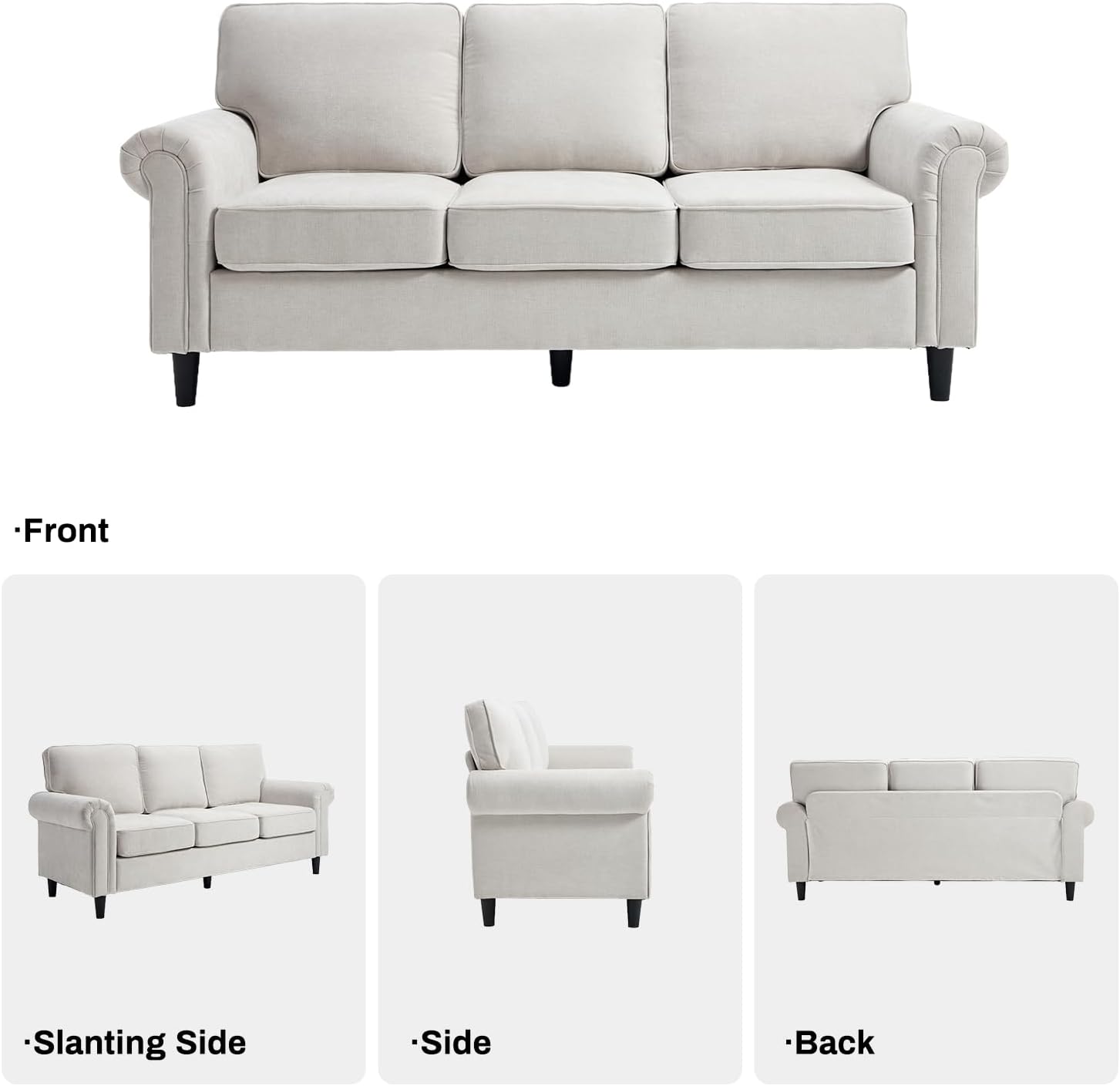 Kingfun 3 Seater Couch, Mid Century Modern Sofa Set with Rolled Arms and Deep Seats, Fluffy Comfort for Living Room, Apartment, Easy Assembly, Beige