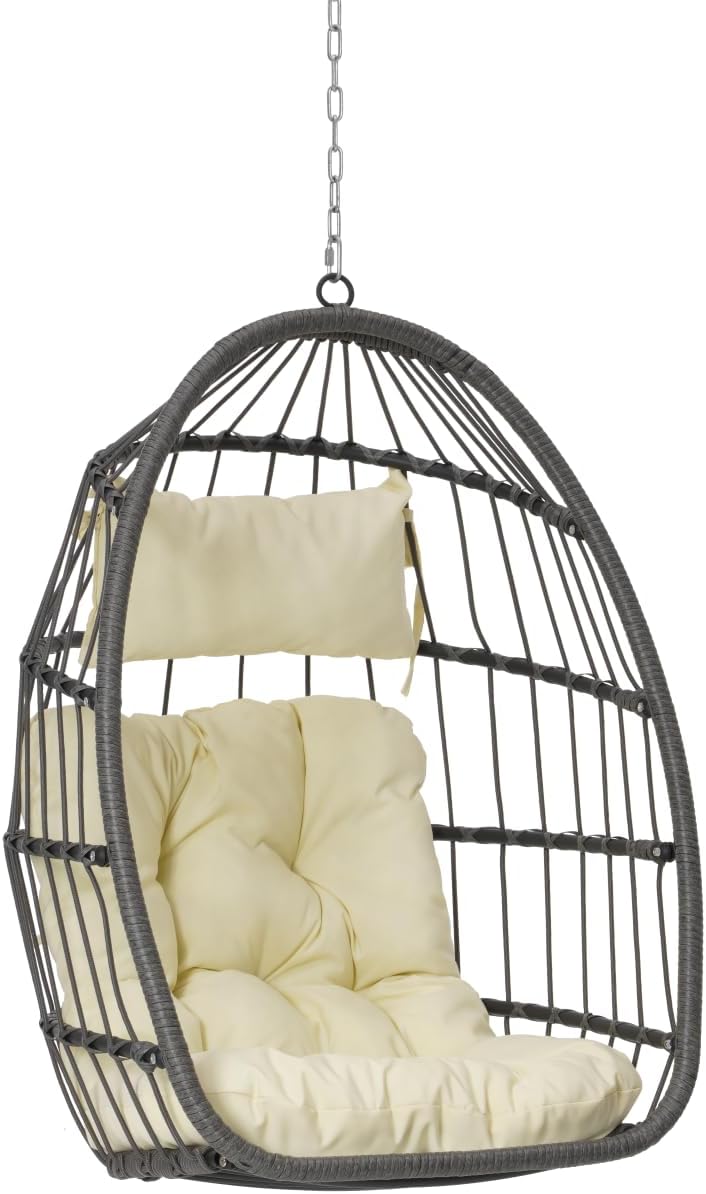 Hanging Egg Swing Chair Outdoor Wicker Hammock Egg Chairs Indoor Without Stand Water-Resistant Tufted Swing Basket Chairs Egg Chairs with UV Resistant Cushions for Bedroom Balcony Garden Patio