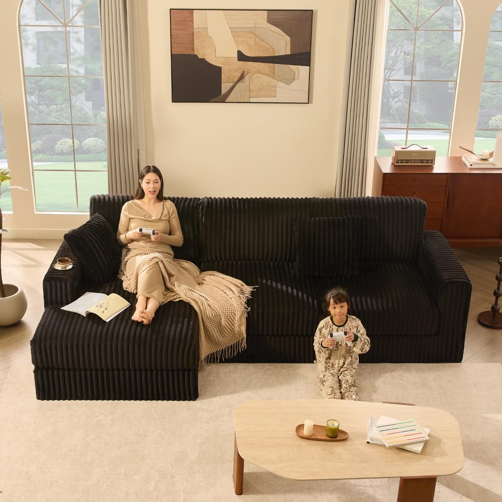 Cloud Couch 113' L-Shaped Couch (Not Boneless), 3-Seater Modular Sectional Couch, Queen Sofa with Corduroy Upholstery, Deep Seats, High Backrest & Pocket Spring Cushions, Left Facing Chaise, Black