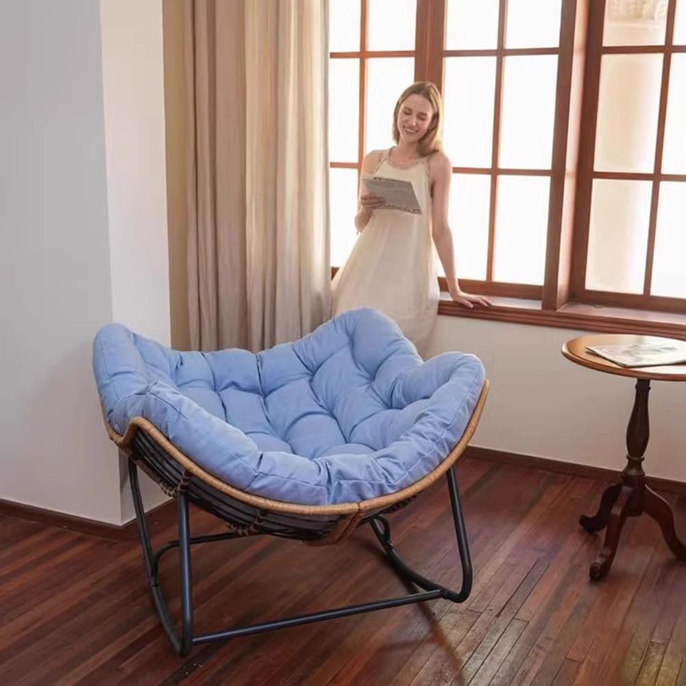 Etlegor Outdoor Patio Rocking Chair, Indoor Reading Chair with Cushion Rattan Wicker Lounge Chair for Living Room Front Porch Garden Balcony Lawn(Blue)