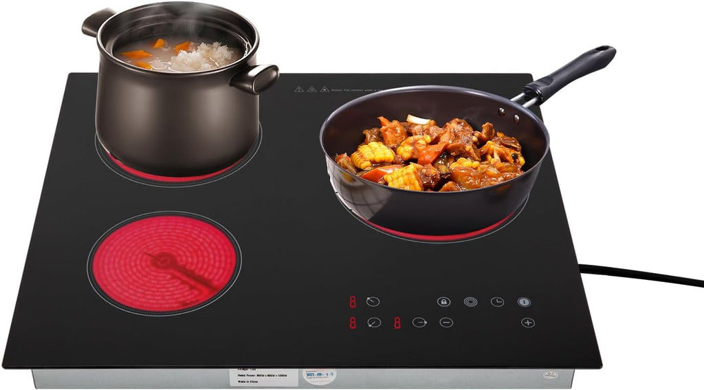 3 Burners Electric Ceramic Cooktop, 2600W 110V Built-in Radiant Stove Top with LED Display, 9 Heating Level and Kid Safety Lock, Sensor Touch Control (No Plug)