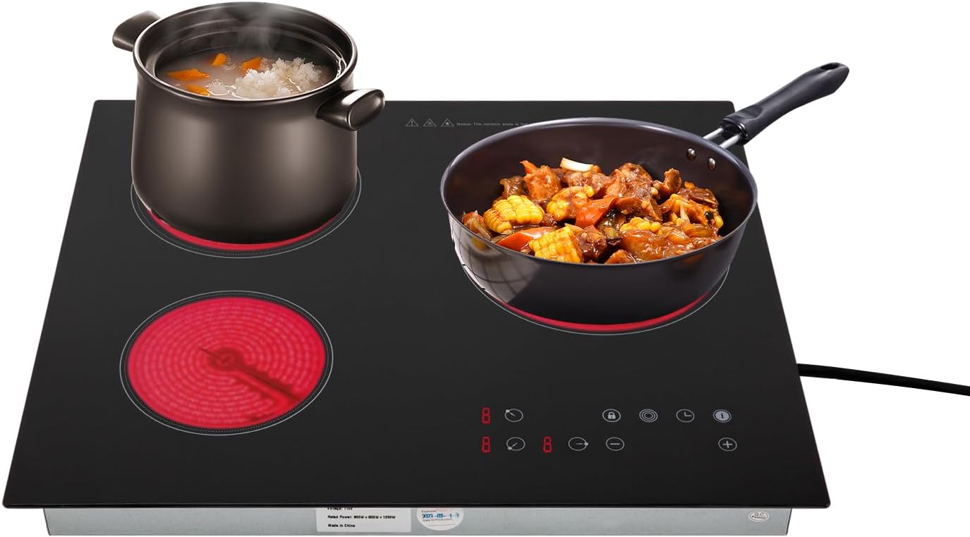 3 Burners Electric Ceramic Cooktop, 2600W 110V Built-in Radiant Stove Top with LED Display, 9 Heating Level and Kid Safety Lock, Sensor Touch Control (No Plug)