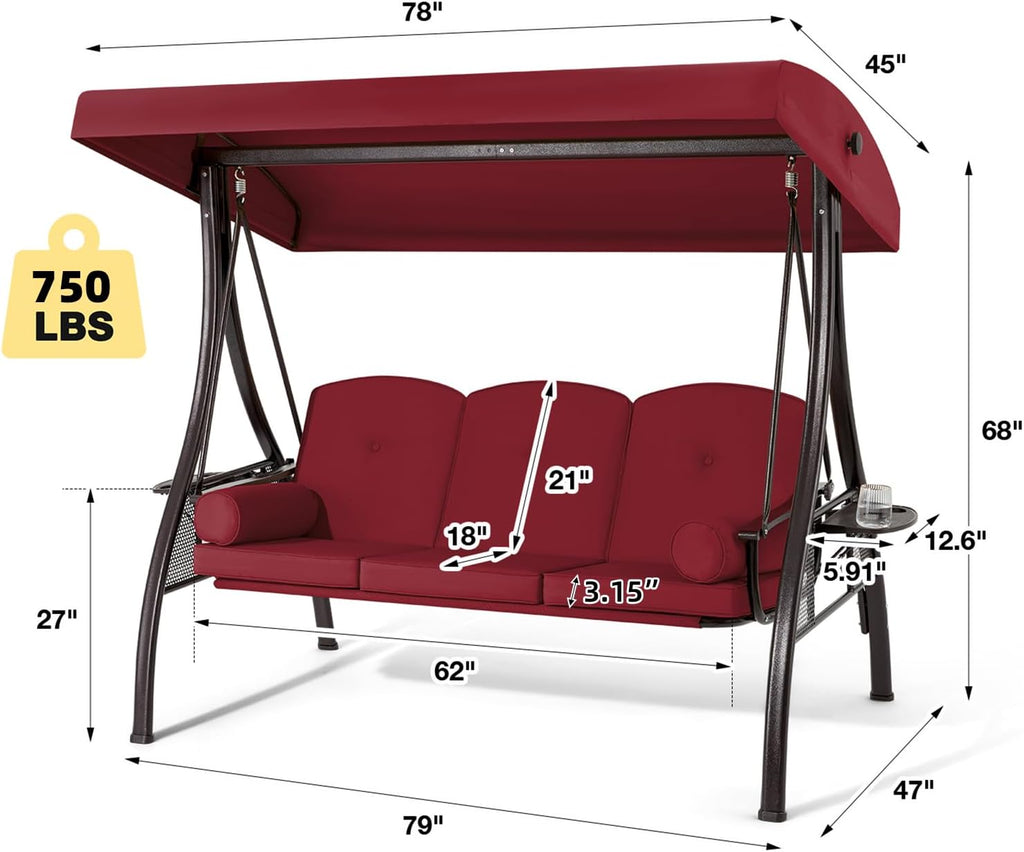 HOMREST 3 Person Outdoor Porch Swing with 1.5' Upgraded Cup Holder, Adjustable Canopy, Backrest, Patio Swing Bed with Weather Resistant Steel Frame, Cushions for Garden,Deck and Poolside(Wine Red)