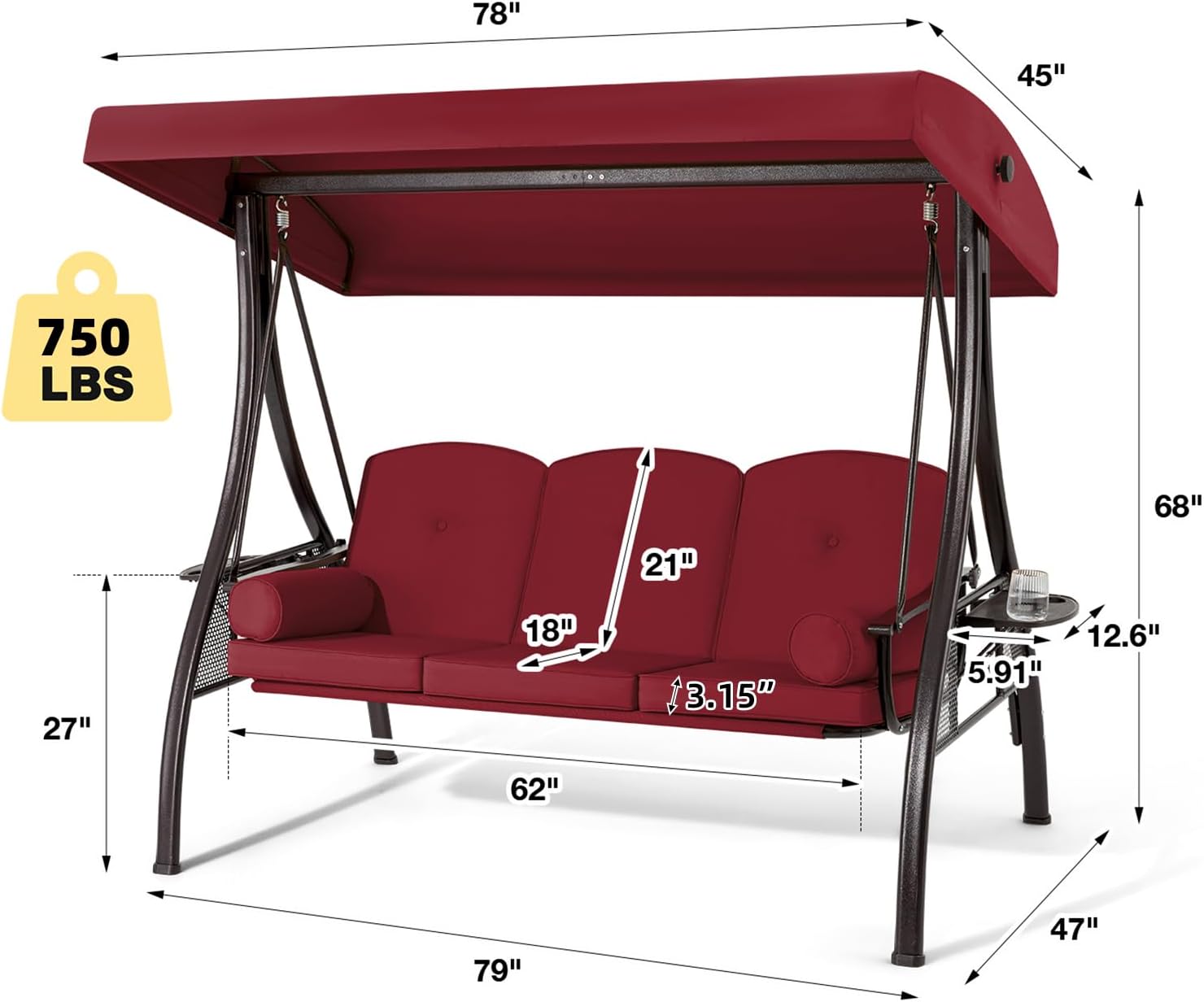 HOMREST 3 Person Outdoor Porch Swing with 1.5' Upgraded Cup Holder, Adjustable Canopy, Backrest, Patio Swing Bed with Weather Resistant Steel Frame, Cushions for Garden,Deck and Poolside(Wine Red)
