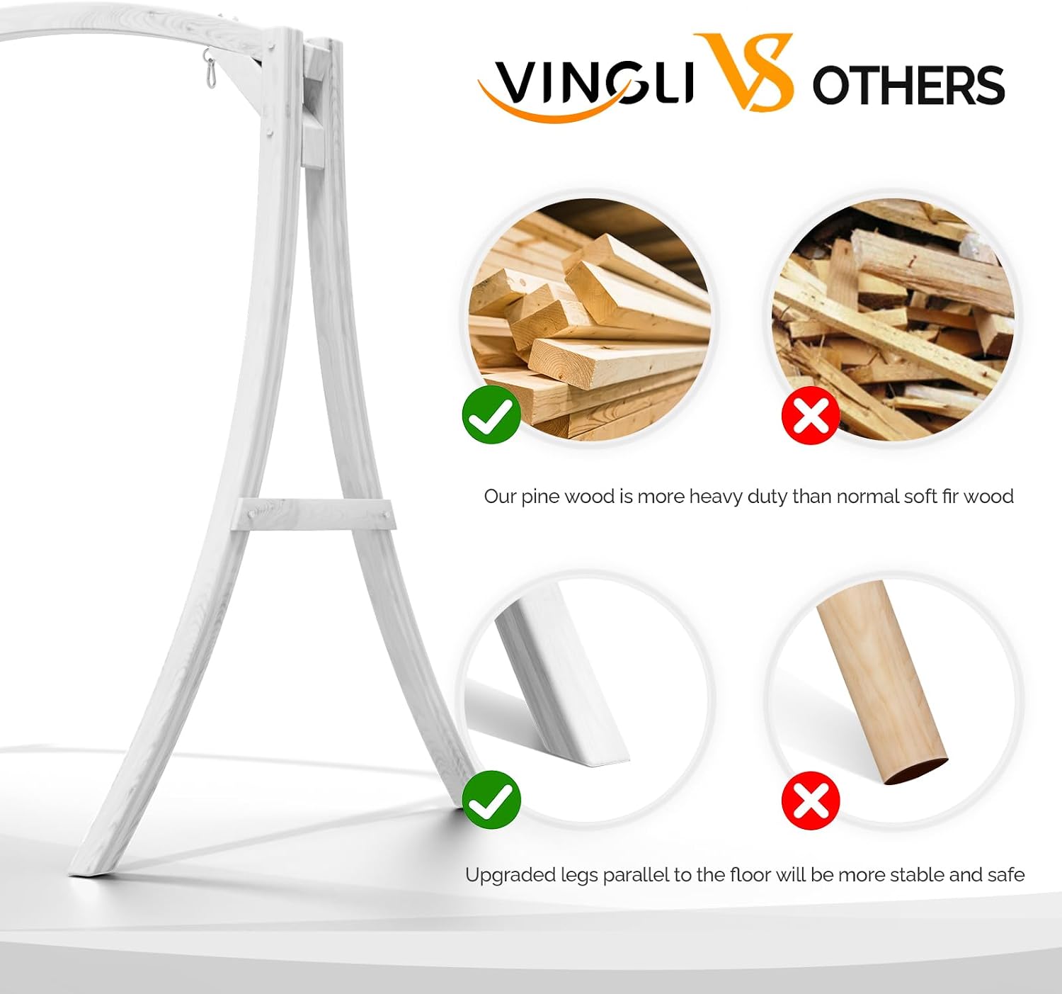 VINGLI 6.7FT Porch Swing Frame, 1000LBS Heavy Duty A-Frame Wooden Porch Swing Stand with Curved Arc Top for 5FT Porch Swing, Large Swing Hanger for Garden, Patio, Backyard & Indoor, White
