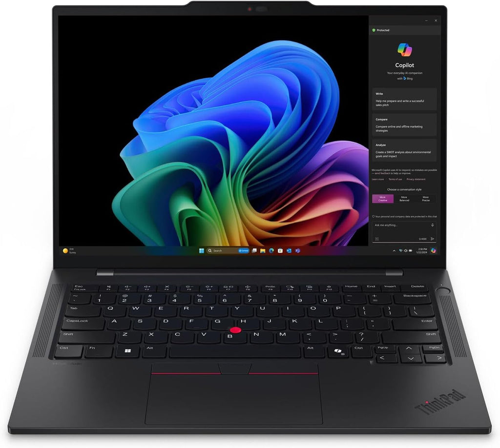 Lenovo ThinkPad T14s Gen 6 Ultraslim Copilot+ Laptop, Snapdragon X Elite X1E-78-100 Processor, 14' WUXGA (1920 x 1200), IPS, Anti-Glare, 32GB DDR5, 1 TB SSD, Qualcomm Adreno GPU, Windows 11 Pro- Black
