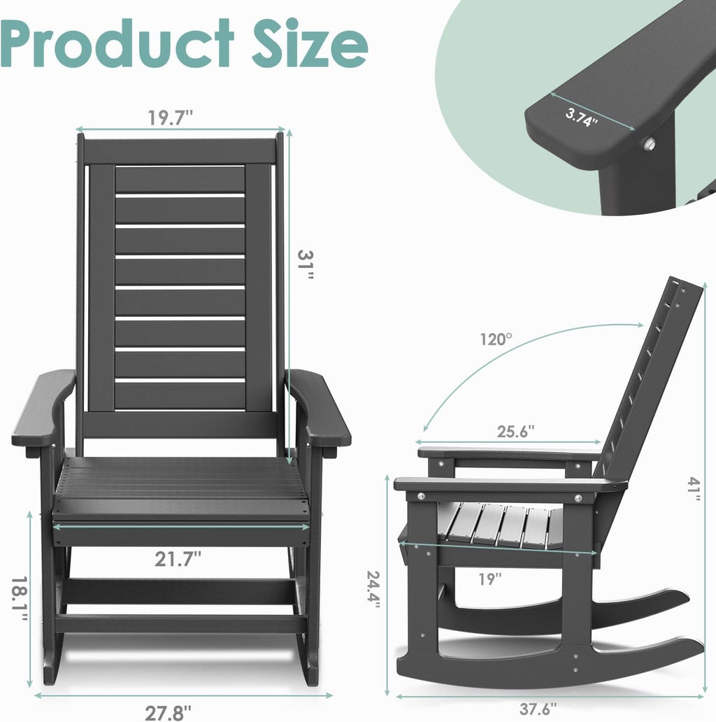 IVY&LANE Rocking-Chair-Outdoor | Porch-Rocker | Grey | HDPE Plastic | All-Weather | High Back | Wide Seat | Oversized Patio Rocker for Adult | for Outside Deck Balcony Garden