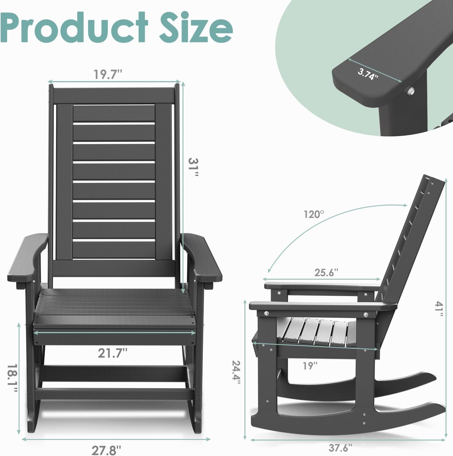 IVY&LANE Rocking-Chair-Outdoor | Porch-Rocker | Grey | HDPE Plastic | All-Weather | High Back | Wide Seat | Oversized Patio Rocker for Adult | for Outside Deck Balcony Garden