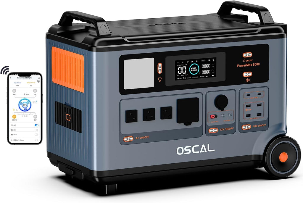 OSCAL PowerMax 6000 Solar Generator, 120V/240V Split Phase Voltage 6000W AC Outlets (9000W Peak), 2200W AC Charging/2400W Solar Charging, Emergency for Home,Battery Backup