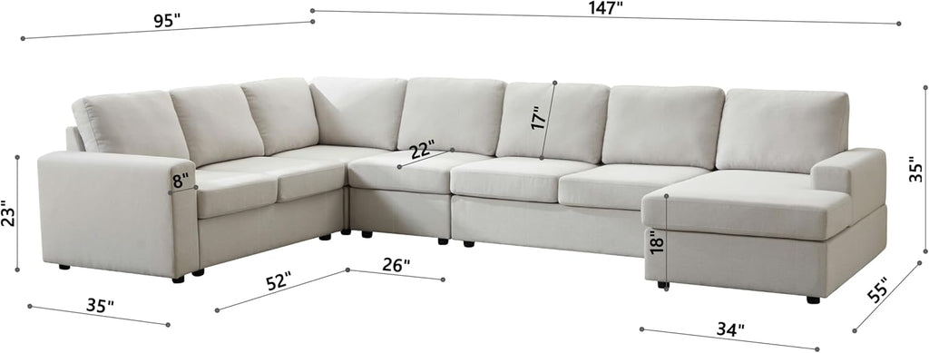 Ball & Cast 147' L-Shaped Sectional Couch for Living Room with Reversible Chaise & Removable Back Cushions,7 Seat Linen Upholstered Convertible Sectional Sofa Set,DIY Combination,for Home,Office,Beige