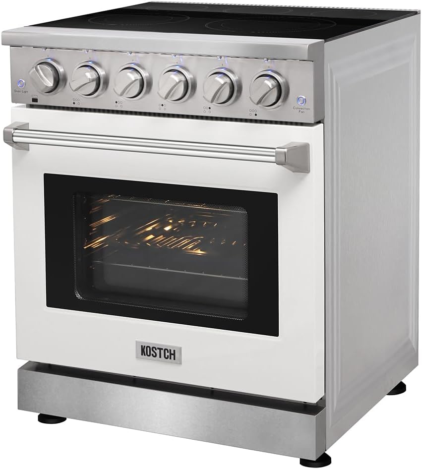 KOSTCH 30 inch Professional Electric Range with 5 Heating Elements Cooktop, 4.55 Cu. Ft. Convection Oven Capacity, Smooth Glass Top, in Stainless Steel, KOS-30RE06H (White)