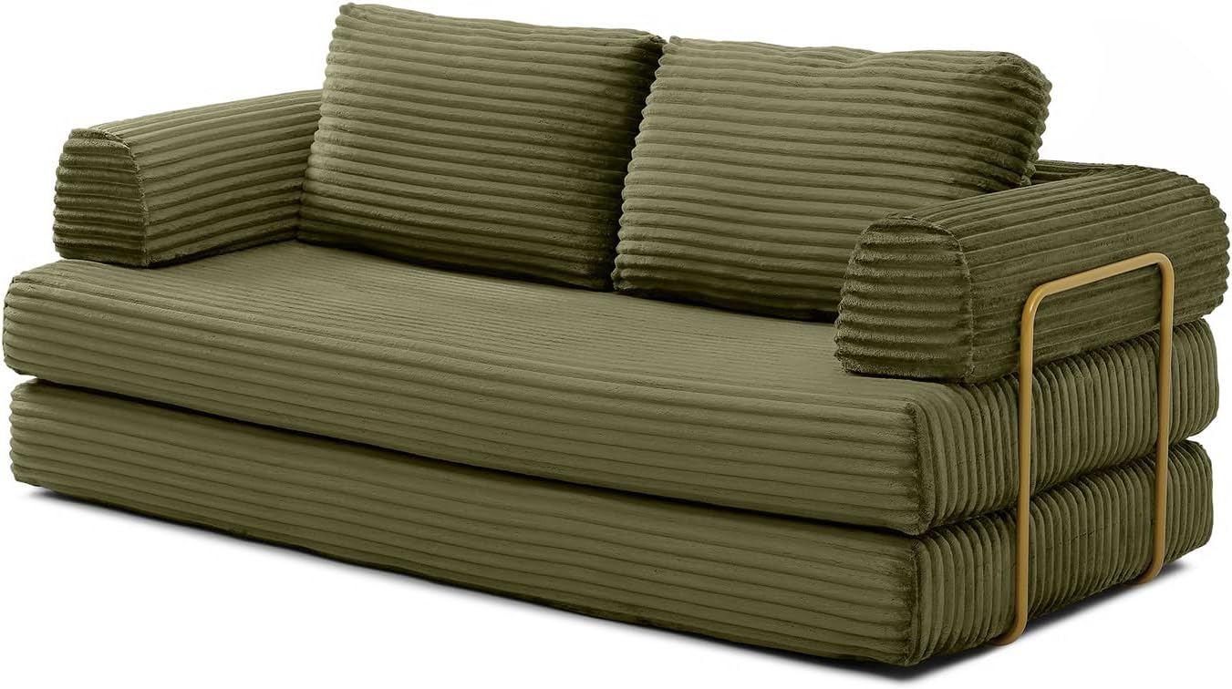 HANXIN 80 Inch Convertible Sleeper Sofa Bed, High Back Plush Corduroy Folding Floor Mattress Couch with Fixed-Shape Frame, Boneless Futon Loveseat with Pull Out Bed, No Assembly Required (Green)