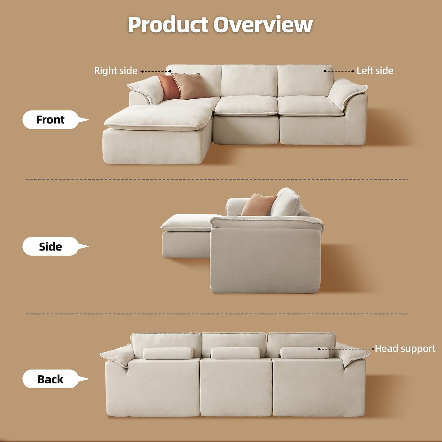 HALLYBEE 112' Cloud Couch Sectional with Padded Armrests & Moveable Ottoman Boneless Sectional Couches for Living Room White Couch, No Assembly Required