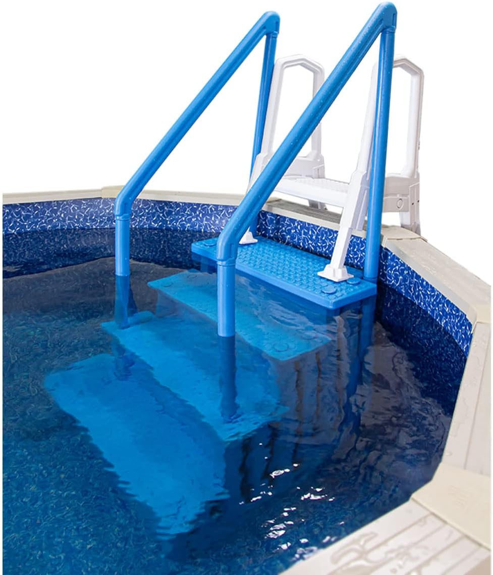 Aqua Select Anti-Slip in-Pool Steps with Outside Flip-Up Ladder | Blue | for Above Ground Swimming Pools | Can Mount to Decks 48' to 54' H | Safety Stairs Capacity Up to 350 lbs