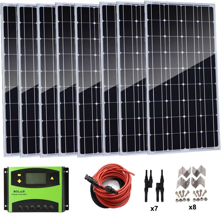 800 Watt （ 8pcs 100 Watt Monocrystalline Solar Panel Kit with 60A LCD Controller Mounting Z Brackets for RV Boat Shed