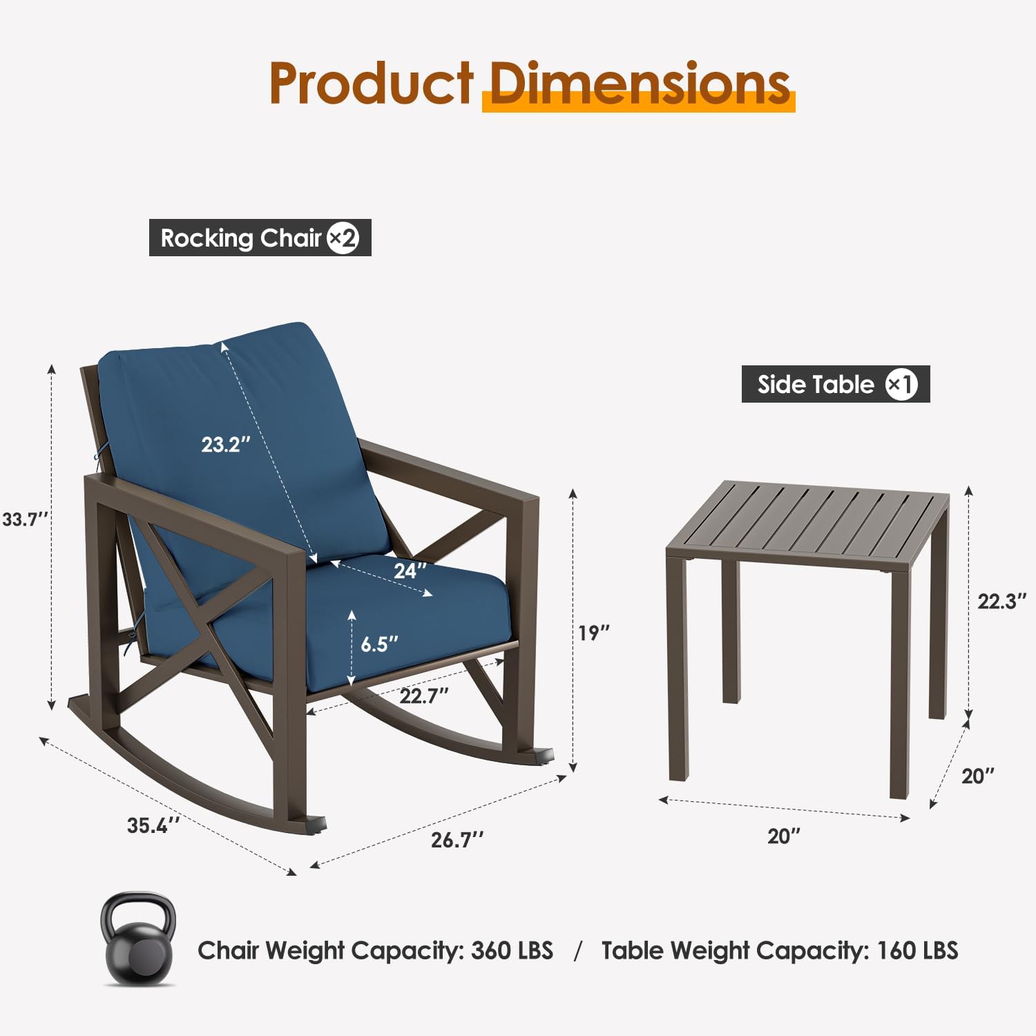 Outdoor Rocking Bistro Set, Patio Rocking Chairs Set of 2 with Coffee Table, 3 Pieces Metal Conversation Sets with 6.5' Thick Cushions for Backyard, Porch, Poolside, Oversized (Blue)