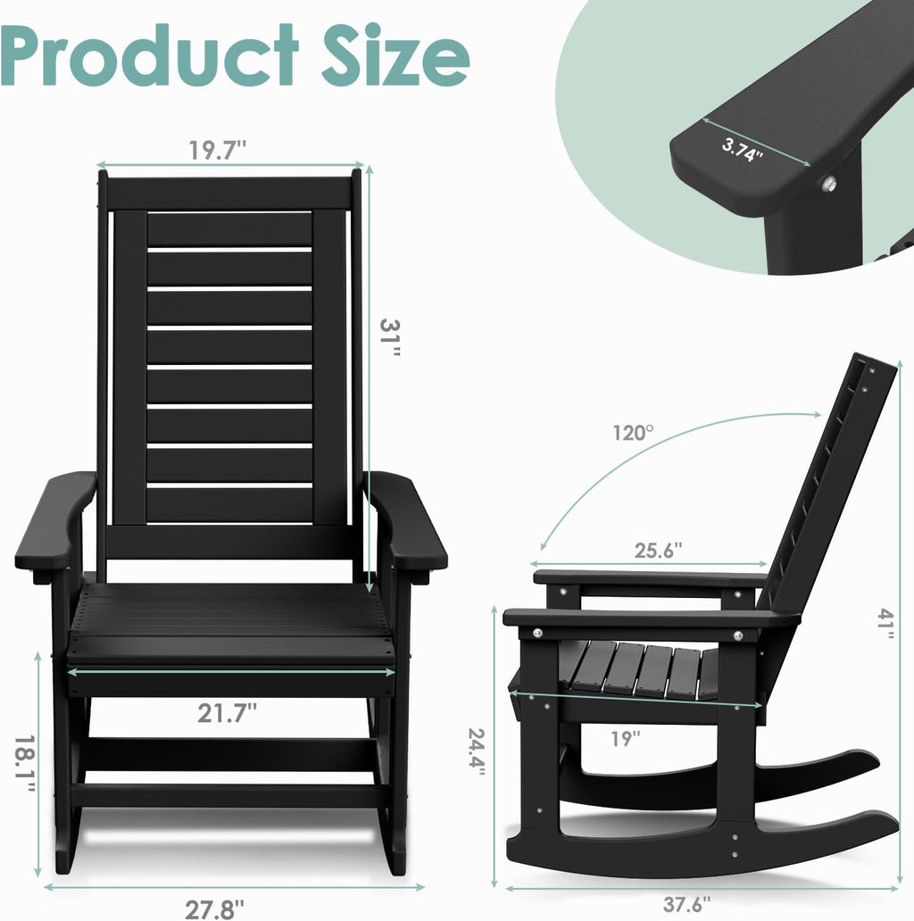 IVY&LANE Outdoor Rocking Chairs Set of 2 | HDPE Plastic | Porch-Rockers | All-Weather | Black | High Back | Wide Seat | Oversized Patio Rocker for Adult | for Outside Deck Balcony Garden