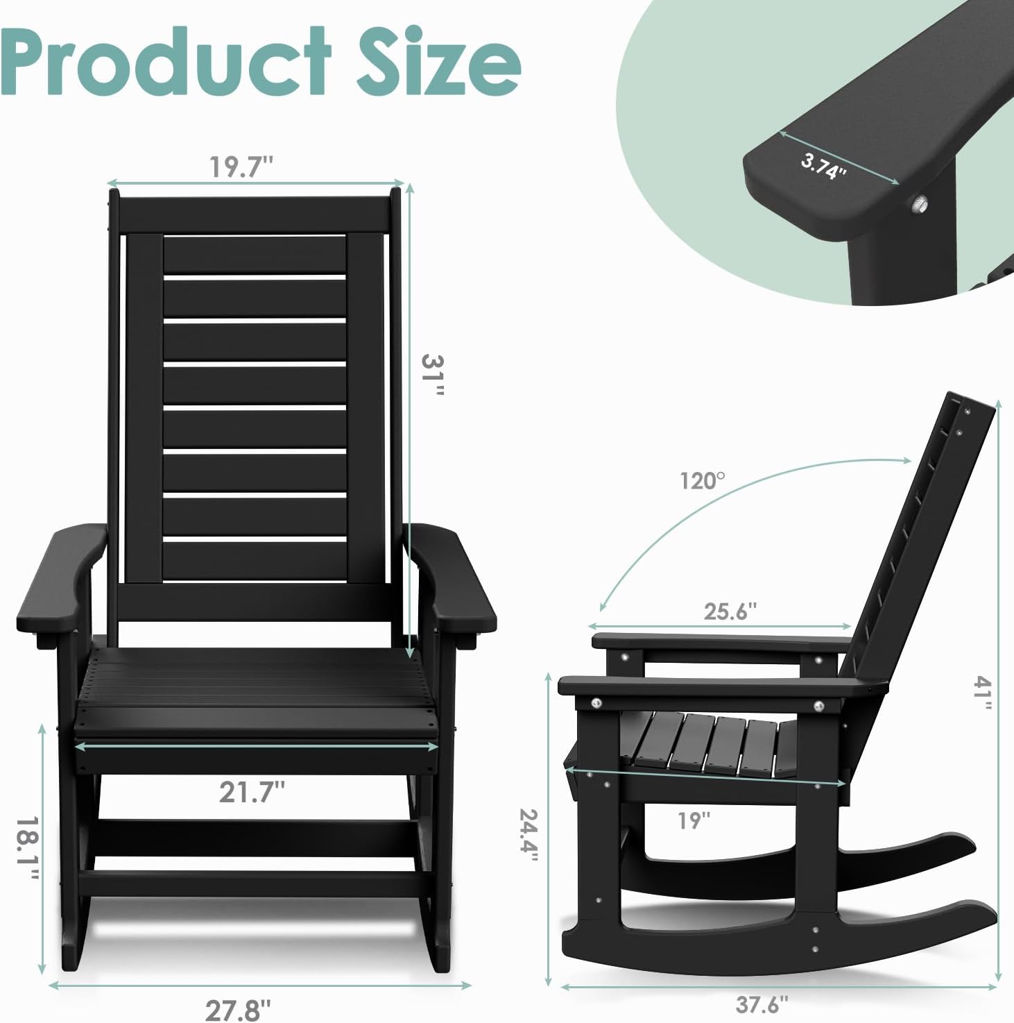 IVY&LANE Outdoor Rocking Chairs Set of 2 | HDPE Plastic | Porch-Rockers | All-Weather | Black | High Back | Wide Seat | Oversized Patio Rocker for Adult | for Outside Deck Balcony Garden