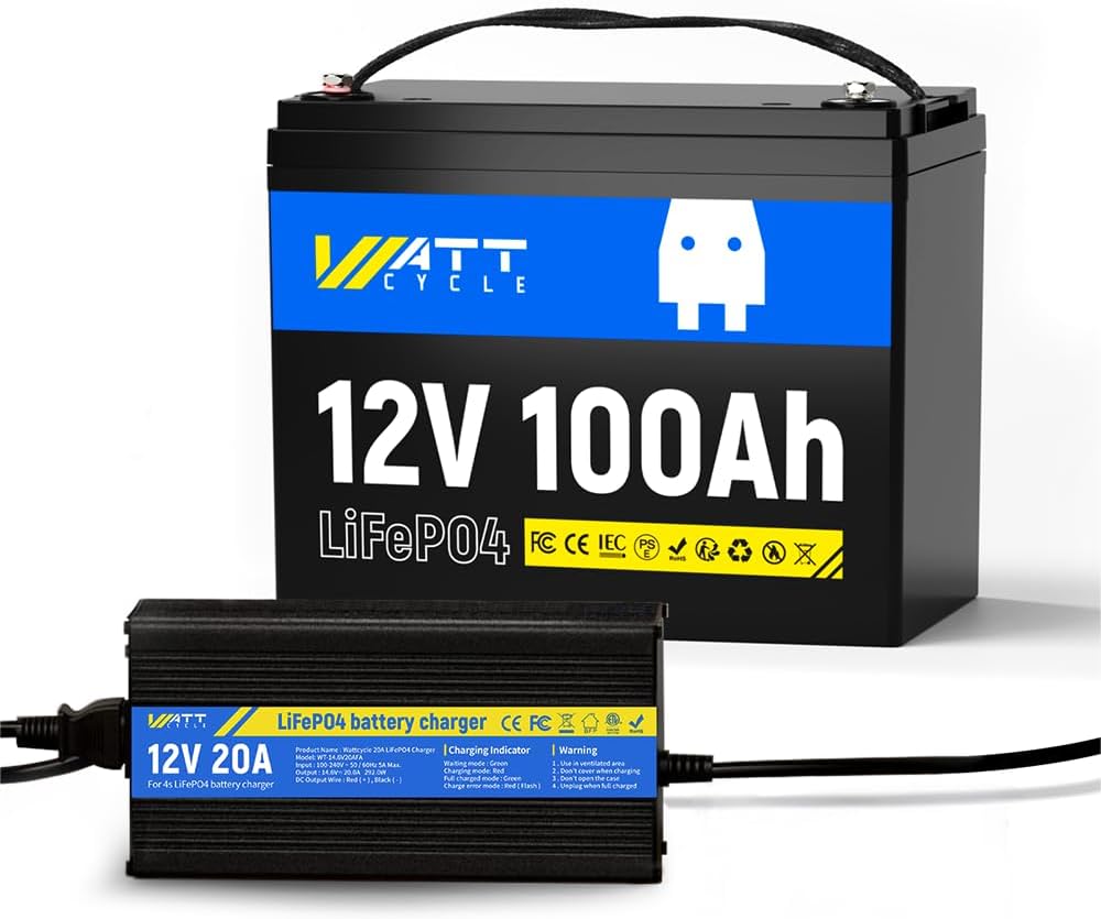 WattCycle 12V 100Ah LiFePO4 Deep Cycle Battery - BCI Group 24, 15000 Cycles, 100A BMS, -4℉ Protection for RV Boondocking, Golf Cart, Marine & Home Energy Storage with 12V 20A Charger