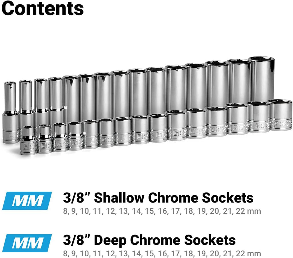 Capri Tools 3/8 in. Drive Master Chrome Socket Set, 6-Point, 8 to 22 mm, Shallow and Deep with Billet Aluminum Rail