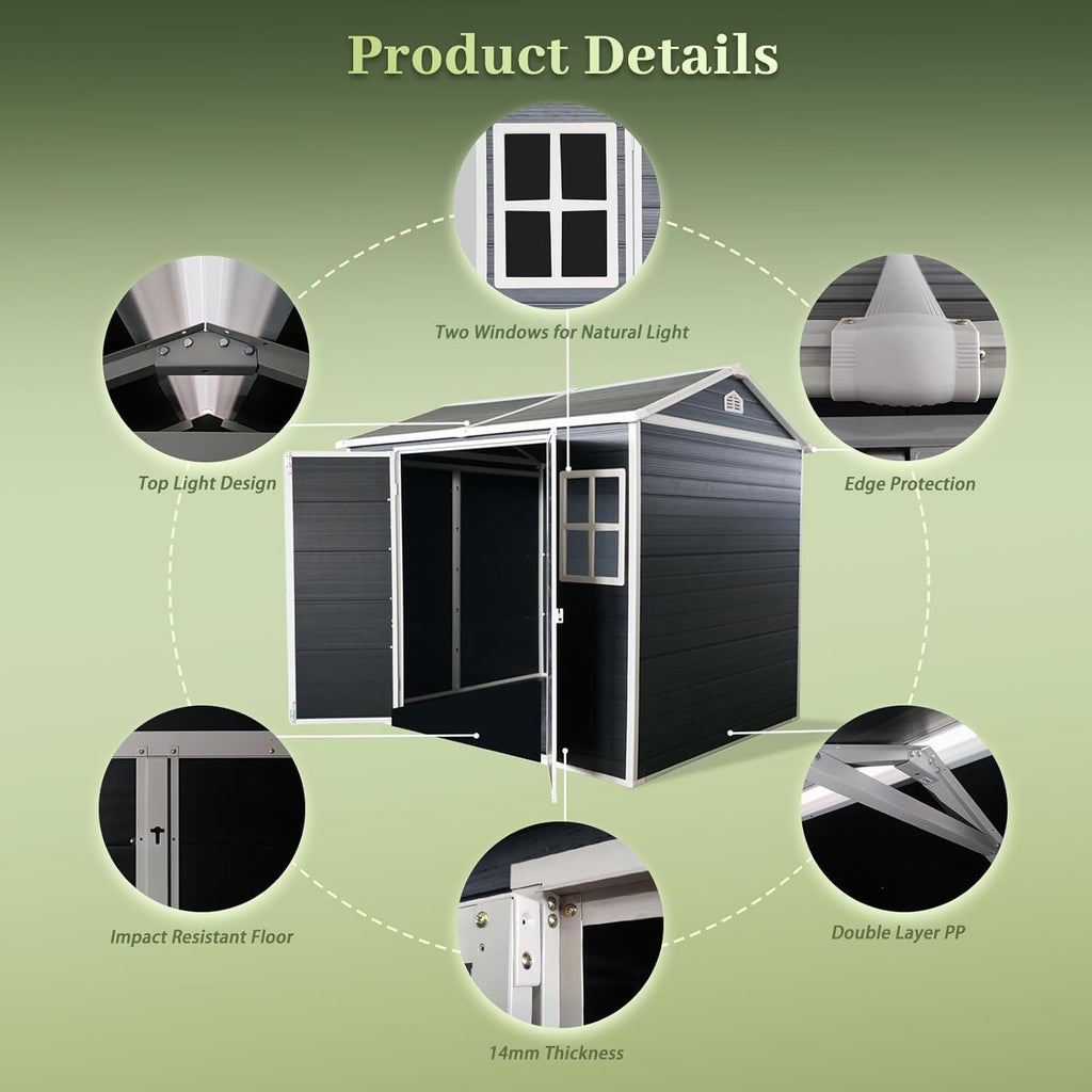 8x4 FT Resin Storage Sheds Outdoor with Floor Included, Plastic Sheds & Outdoor Storage Clearance with 2 Windows and Lockable Door, Backyard Storage Sheds for Bike, Garden Tools