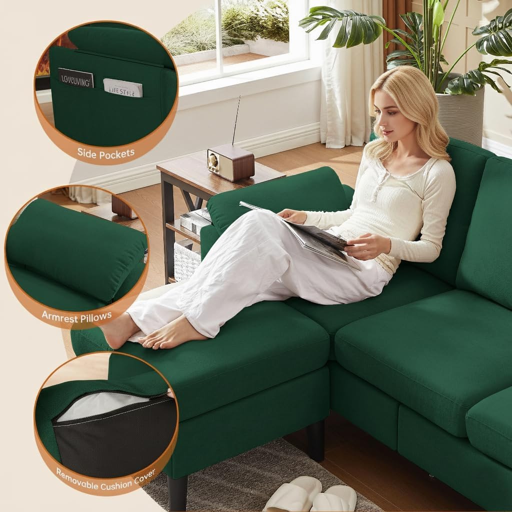 79' Convertible Sectional Sofa, Modern L Shaped 3 Seat Couch with Reversible Ottoman, Small Sectional Couches for Living Room, Apartment (Green)