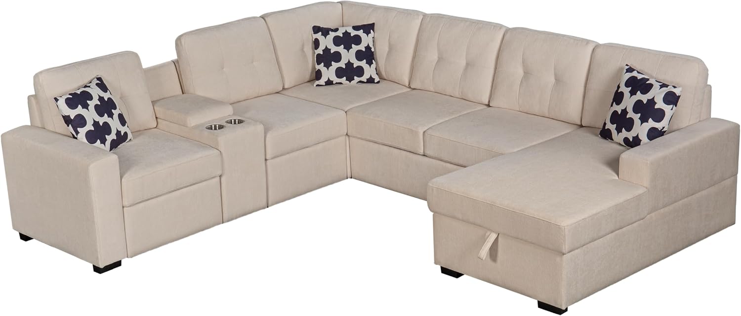 Ball & Cast L-Shape Convertible Sectional Sleeper Sofa Bed 2 in 1 Pull Out Couch with Storage Chaise & Cup Holders,6 Seat Chenille Upholstered Reversible Sleeper Corner Couch for Living Room,Beige