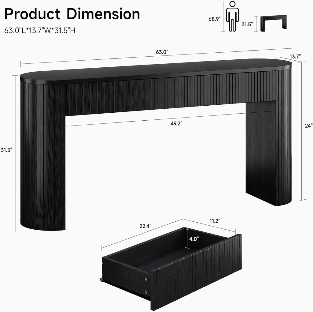 63 Inch Console Table with 2 Drawers, Fluted Entryway Tables with Storage, Sofa Table Behind The Couch, Hallway Tables, Mid-Century Modern Foyer Table for Entryway, Hallway, Living Room, Black
