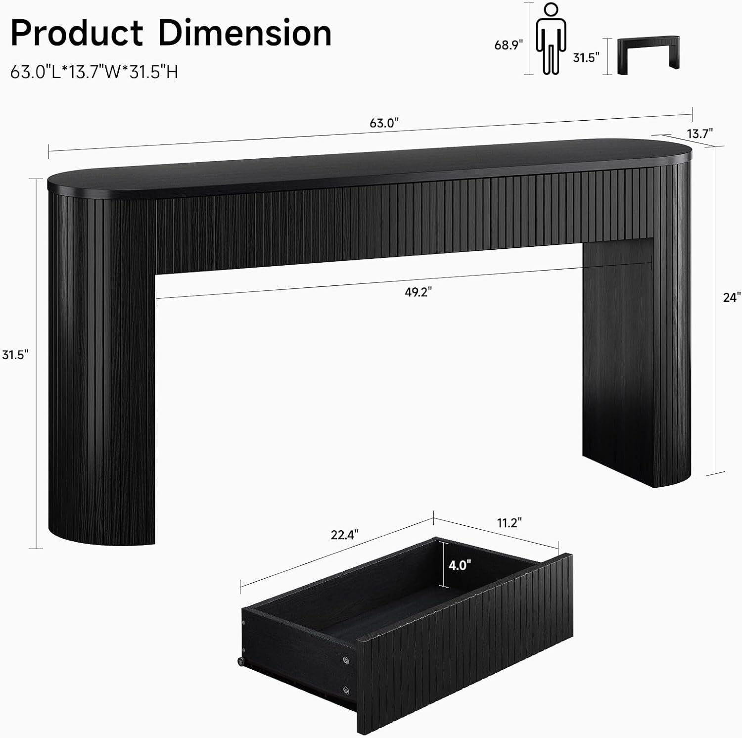 63 Inch Console Table with 2 Drawers, Fluted Entryway Tables with Storage, Sofa Table Behind The Couch, Hallway Tables, Mid-Century Modern Foyer Table for Entryway, Hallway, Living Room, Black
