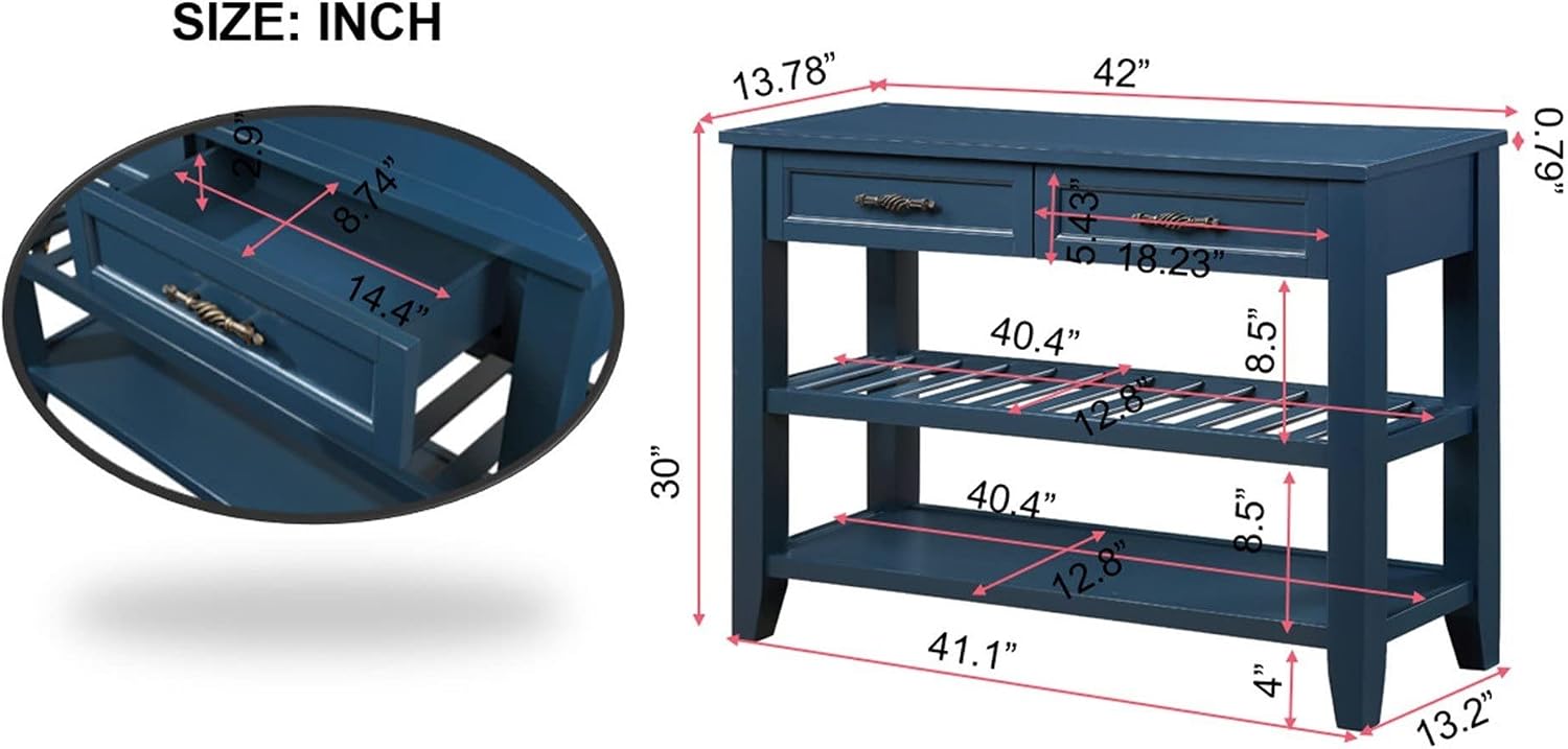 LKTART Solid Wood Console Table Entryway Table with Storage Drawers and Shelves Sofa Table for Entry Hallway Foyer,Behind the Couch Table(42' Navy Blue)