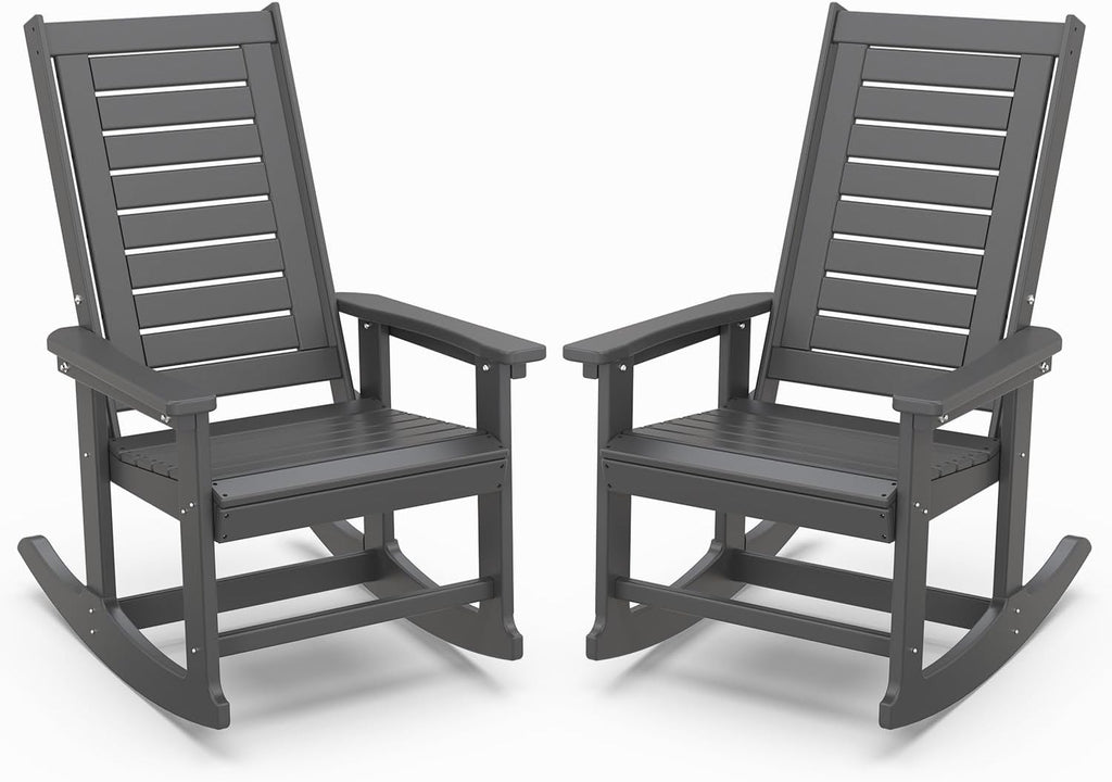 IVY&LANE Outdoor Rocking Chairs Set of 2 | Porch-Rockers | Grey | HDPE Plastic | All-Weather | High Back | Wide Seat | Oversized Patio Rocker for Adult | for Outside Deck Balcony Garden