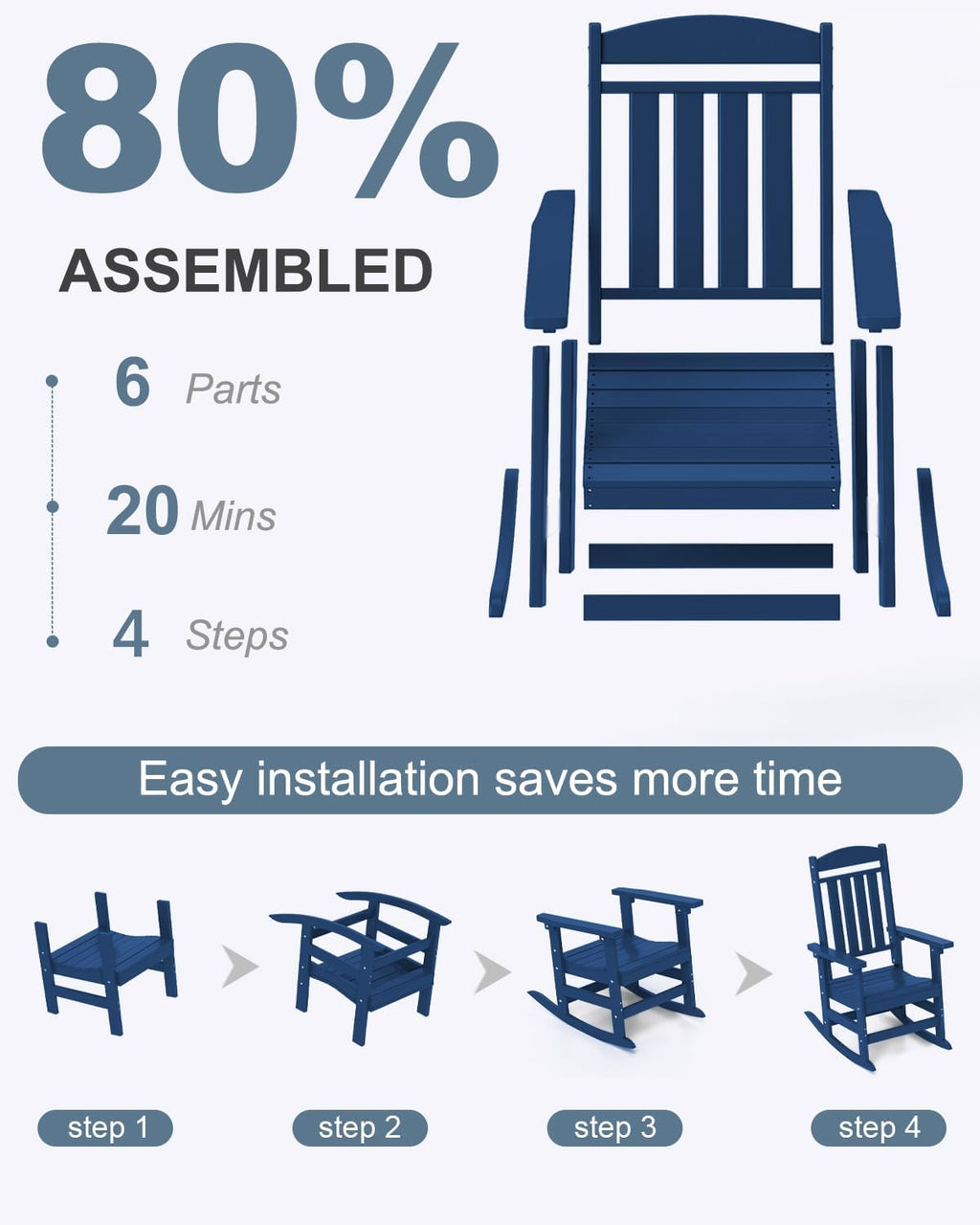 NAVINE Outdoor Rocking Chairs, Oversized High Back Patio Rocking Chairs, All Weather Porch Rocking Chairs for Outside. Navy Blue