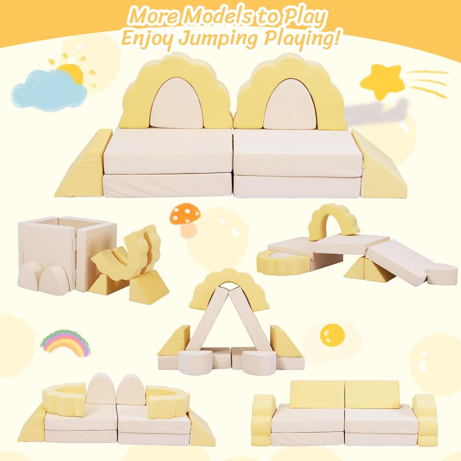 LOAOL Kids Couch 10PCS, Modular Kids Play Couch, Multifunctional Foam Toddler Sofa, Imaginative Convertible Play Sofa for Playroom(Medium Size, Yellow+Beige)