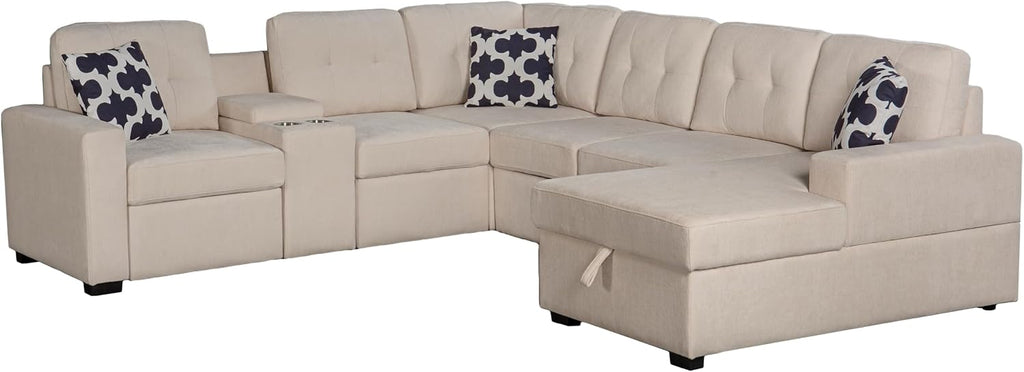Ball & Cast L-Shape Convertible Sectional Sleeper Sofa Bed 2 in 1 Pull Out Couch with Storage Chaise & Cup Holders,6 Seat Chenille Upholstered Reversible Sleeper Corner Couch for Living Room,Beige